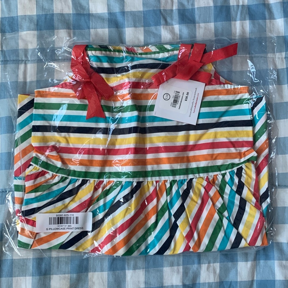 Hanna Andersson Rainbow pillowcase dress blue ties ribbons 5T 110 sun dress